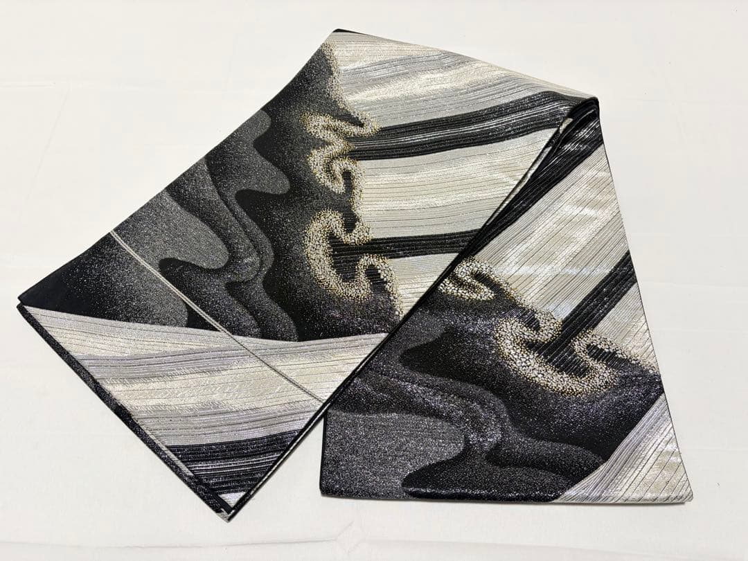 F オーロラ模様 キラキラ 金銀糸 黒地 正絹 六通 袋帯 O1