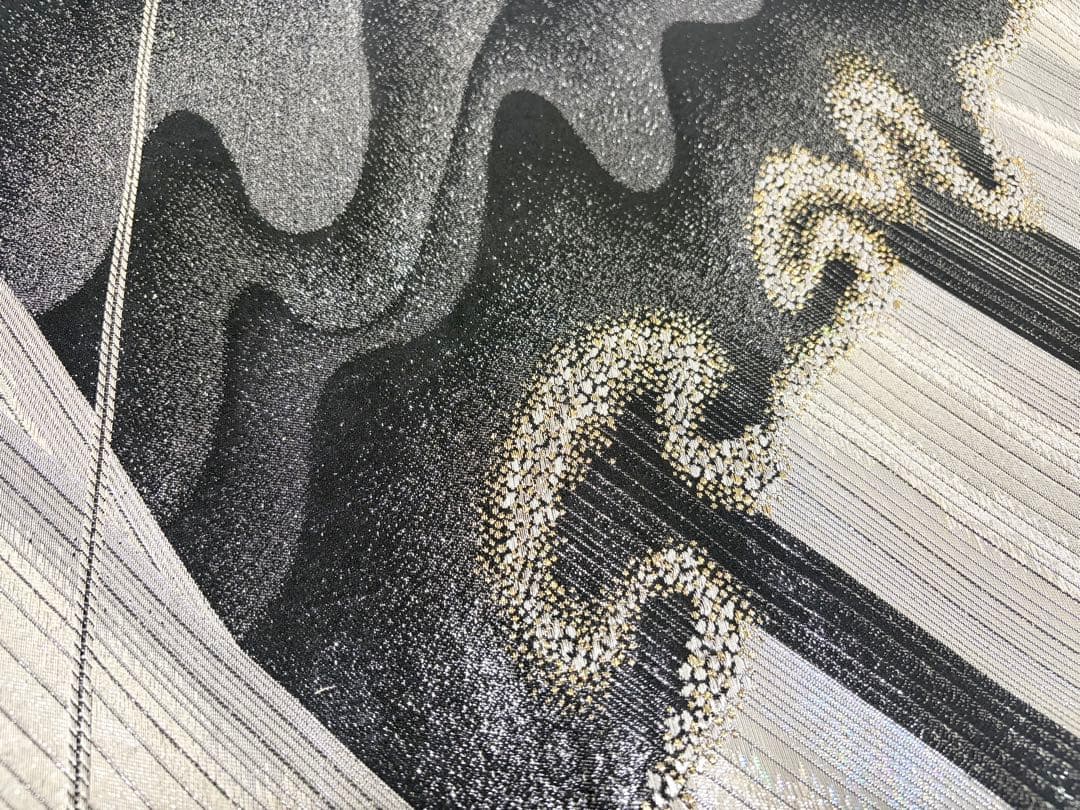 F オーロラ模様 キラキラ 金銀糸 黒地 正絹 六通 袋帯 O1