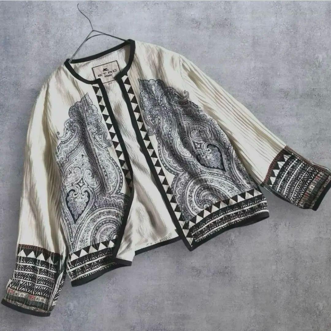 【極美品】 ETRO シルク ペイズリー 46 ノーカラージャケット プリーツ