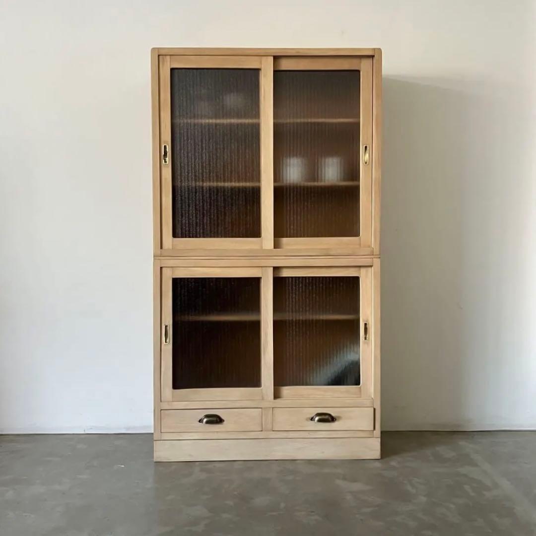 レトロ　アンティーク　古道具　古家具　剥離家具　ストリップド　食器棚　ガラス棚