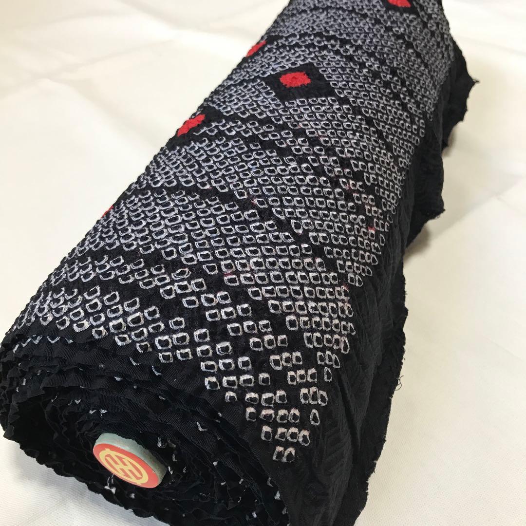 【反物】【総絞り】長さ約11m 巾約34㎝ 黒赤系 保管品 箱入り