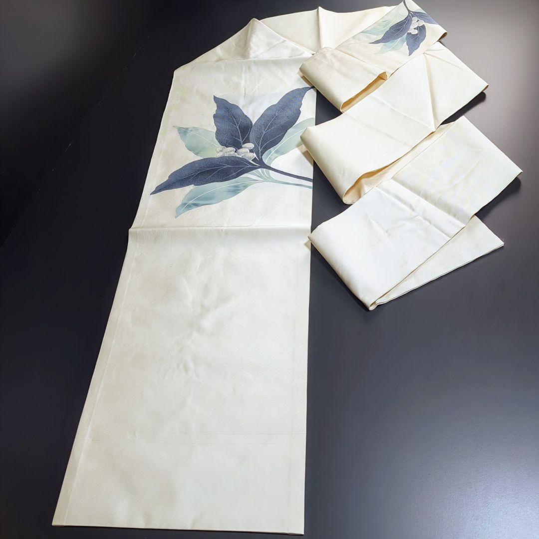 H-365 名古屋帯 名古屋仕立て 正絹 九寸 植物文様 唐織 白