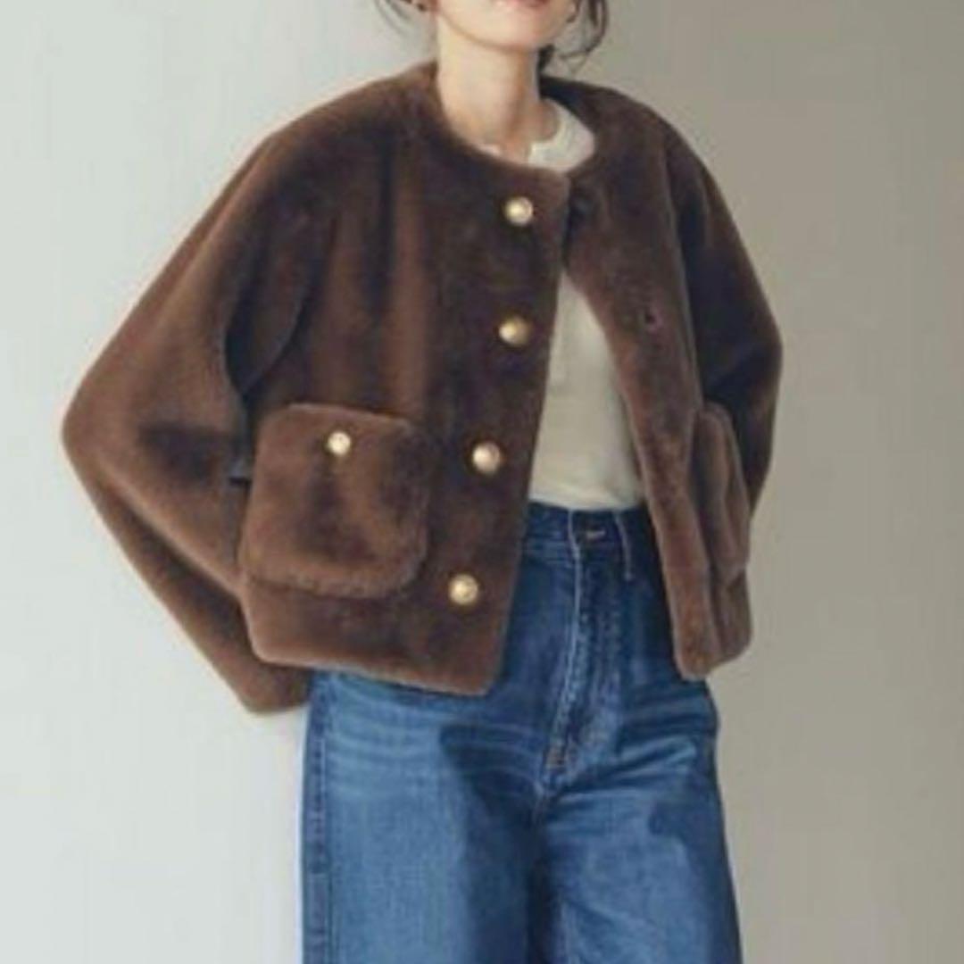 Mila Owen 金釦クロップドファージャケット ブラウン
