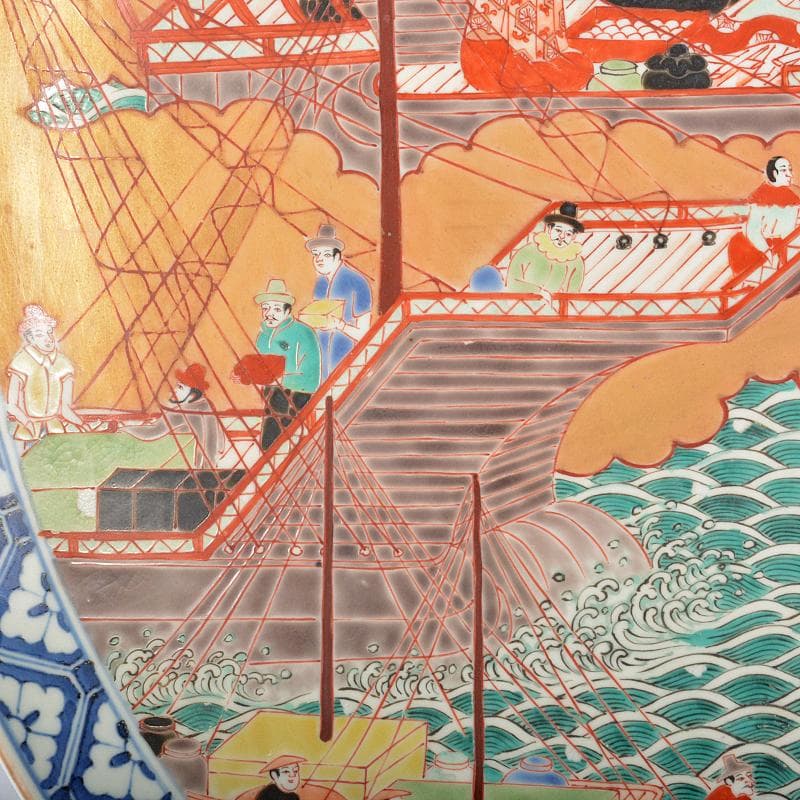 伊万里焼　古伊万里　色絵　南蛮船文　大皿　飾皿　直径約61cm　D　R5361B