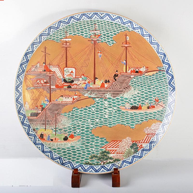 伊万里焼　古伊万里　色絵　南蛮船文　大皿　飾皿　直径約61cm　D　R5361B