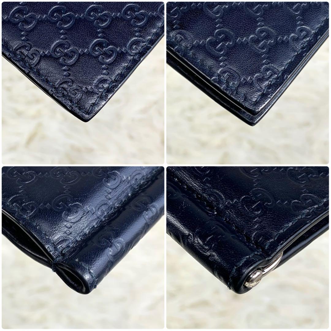 美品ꕥグッチ 折り財布 マネークリップ GG マイクロシマ レザー ネイビー