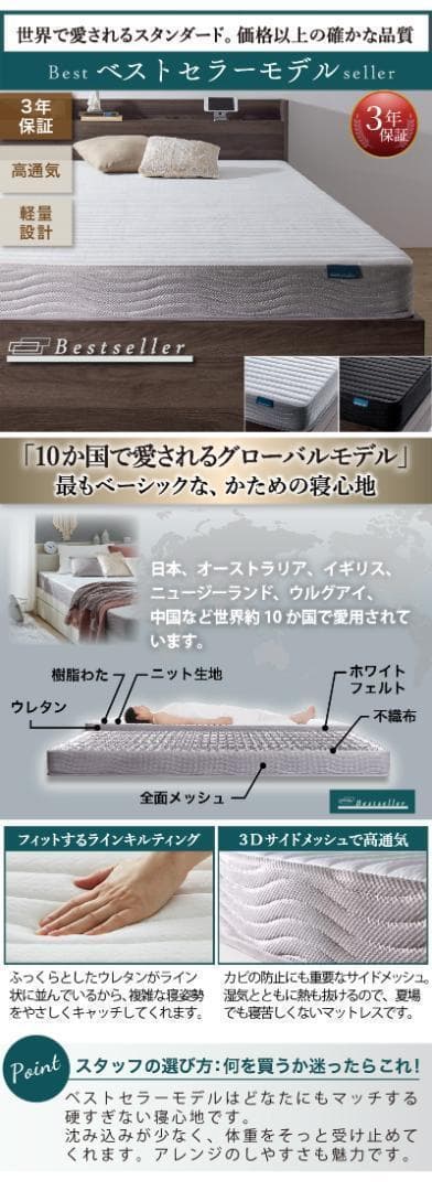 【こむぎ】セミダブルベッド 収納 棚 2口コンセント マットレス付W