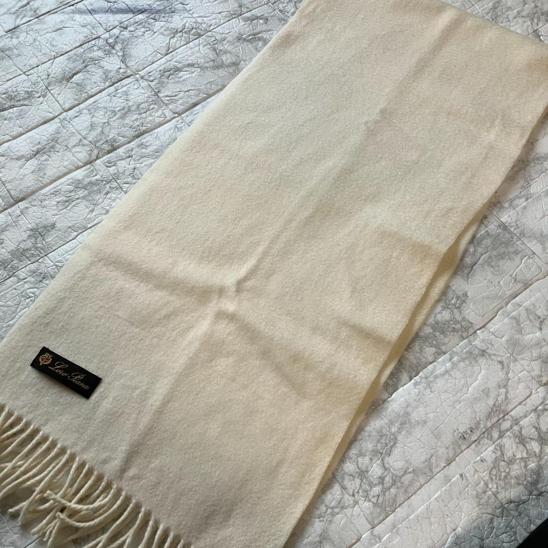 美品◎ロロピアーナ カシミヤ100% ウェーブ加工 フリンジマフラー アイボリー