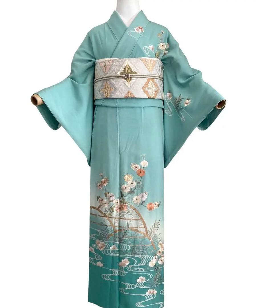 ★淡い水浅葱色　身丈157 刺繍　訪問着　着物　NO44 フルセット可