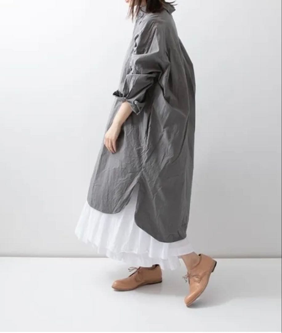 グレー シャツワンピース 長袖 Aライン