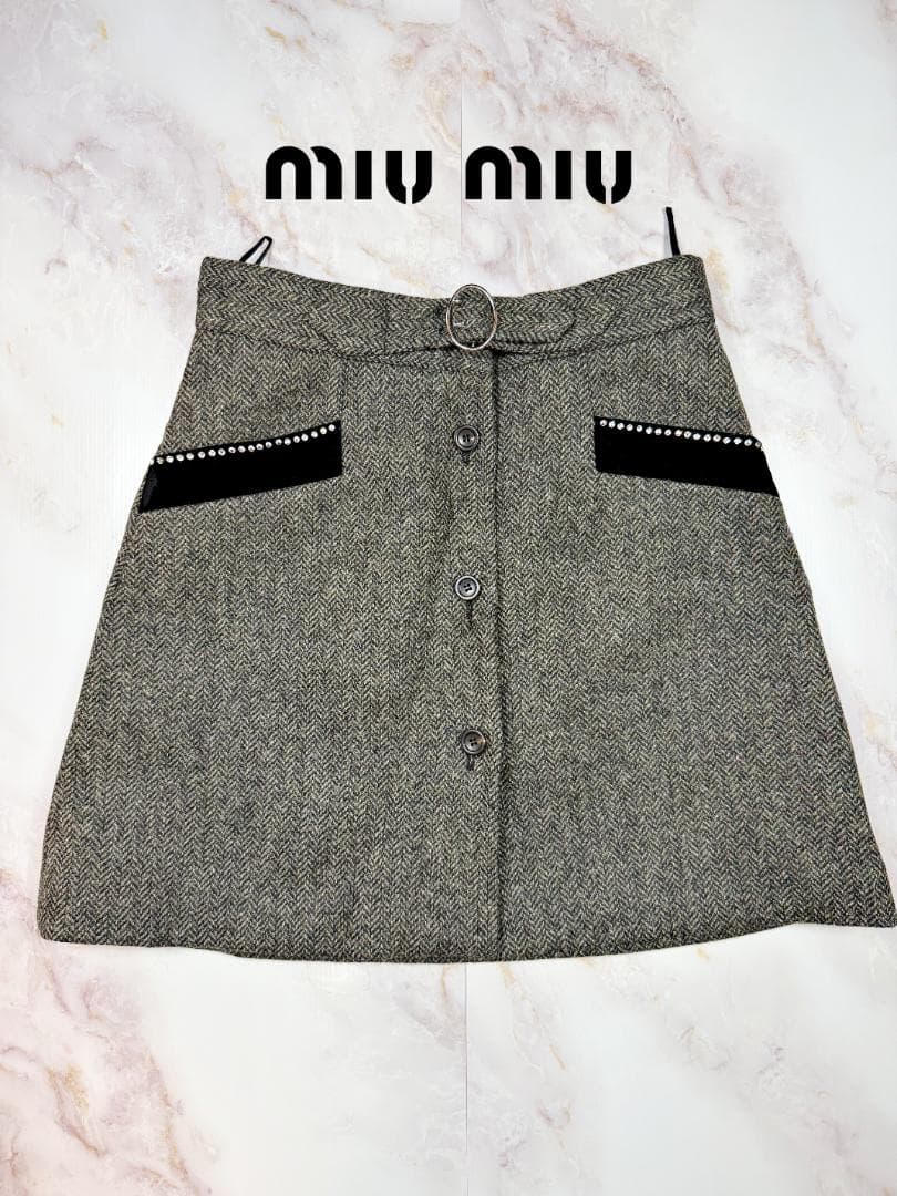 MIU MIU ミュウミュウ ウール混 Aラインスカート ビジュー装飾付 42