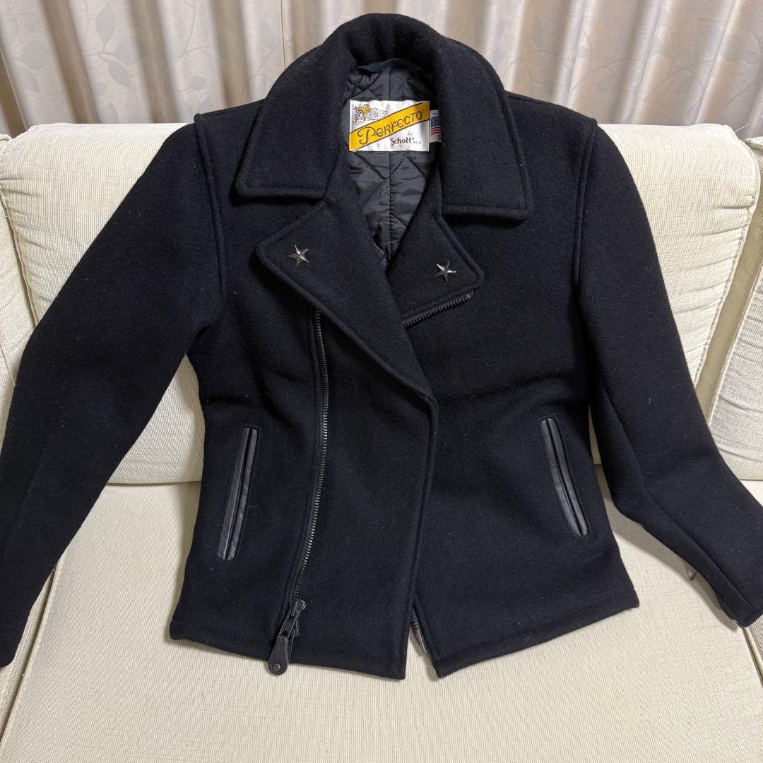 美品　Schott ブラック ウールコート　やぎ革　ウール　s ブラック