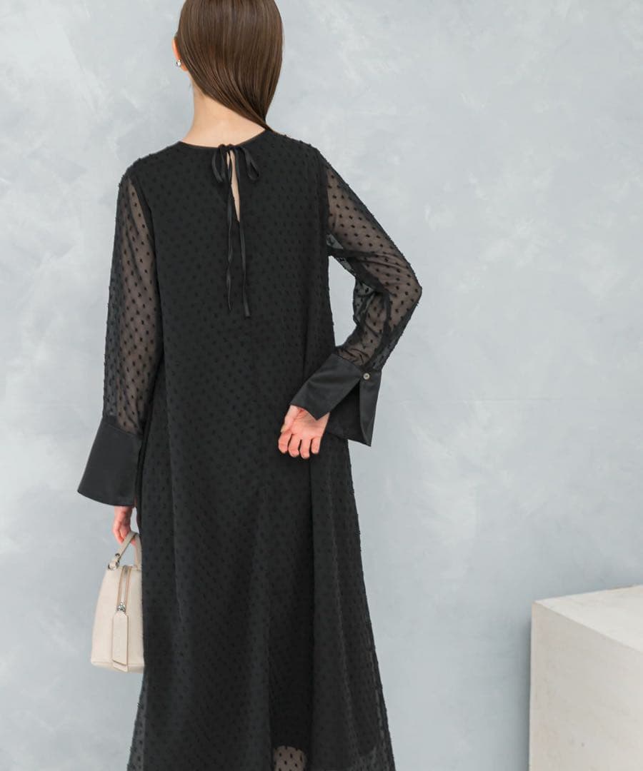 黒 ドット柄 フレアスリーブ パーティードレス