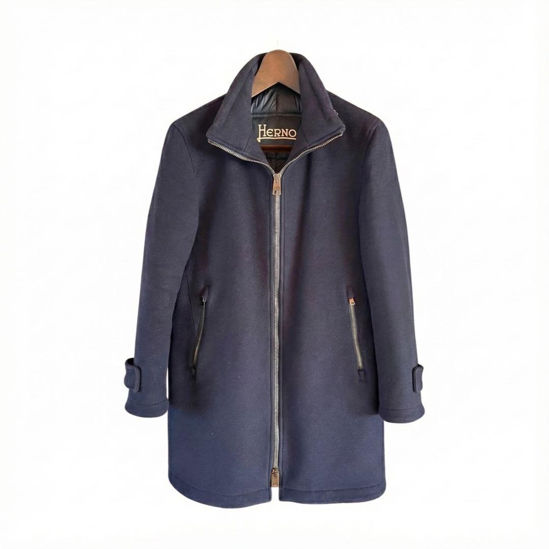 【【HERNO／ヘルノ】ネイビー ウール×ダウン 高級メンズコート（46）