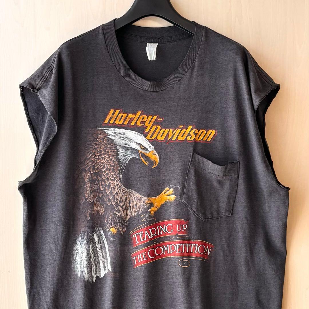 80s古着　ハーレーダビッドソン ノースリーブ　ポケット　両面プリントイーグル