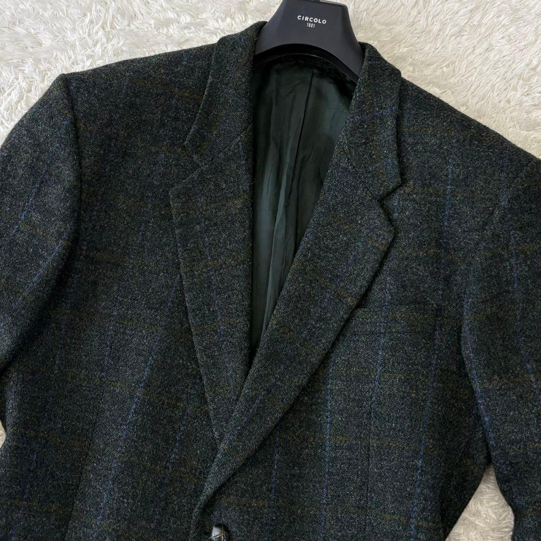 ハリスツイード テーラードジャケット くるみボタン チェック 3L 深緑