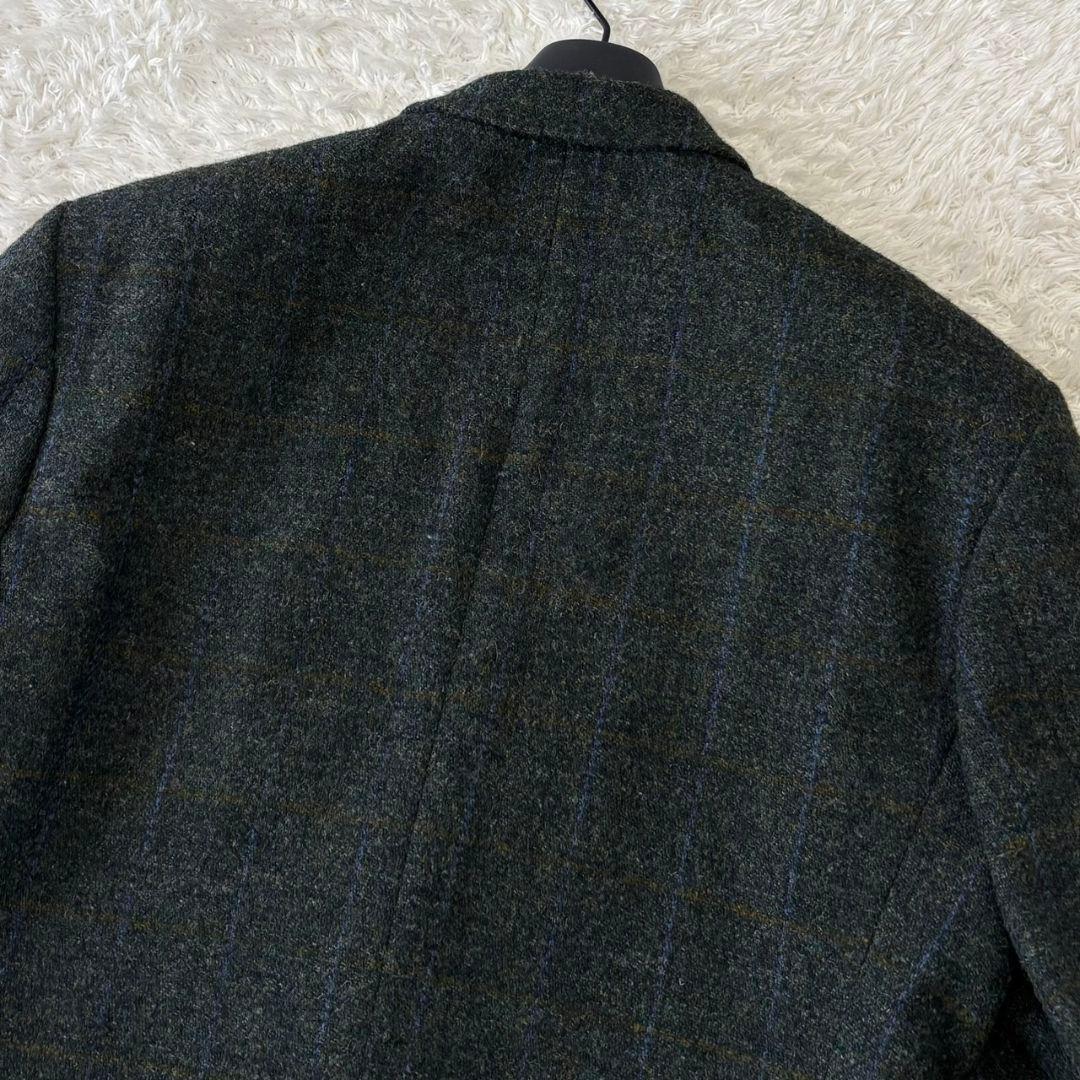 ハリスツイード テーラードジャケット くるみボタン チェック 3L 深緑