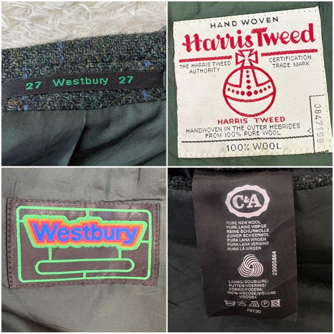 ハリスツイード テーラードジャケット くるみボタン チェック 3L 深緑