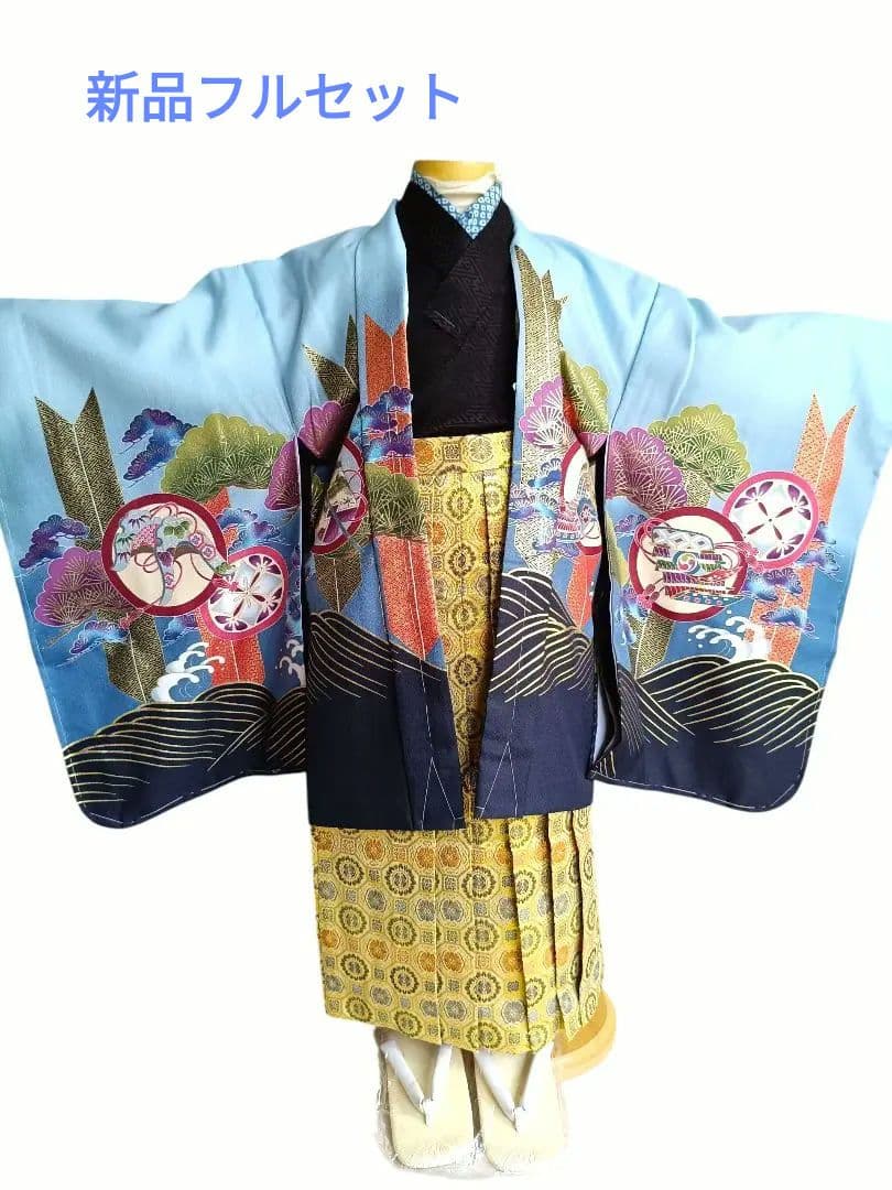 新品☆薄いブルー鷹に刺繍入りの羽織が格好良い☆男の子七五三フルセット