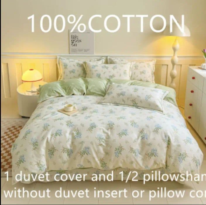 新品★綿100%ブルーすみれ花束とリボンのシングル布団カバーと枕カバー３点セット