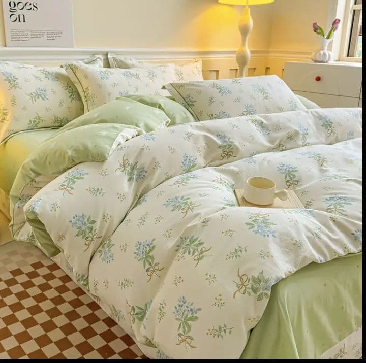 新品★綿100%ブルーすみれ花束とリボンのシングル布団カバーと枕カバー３点セット