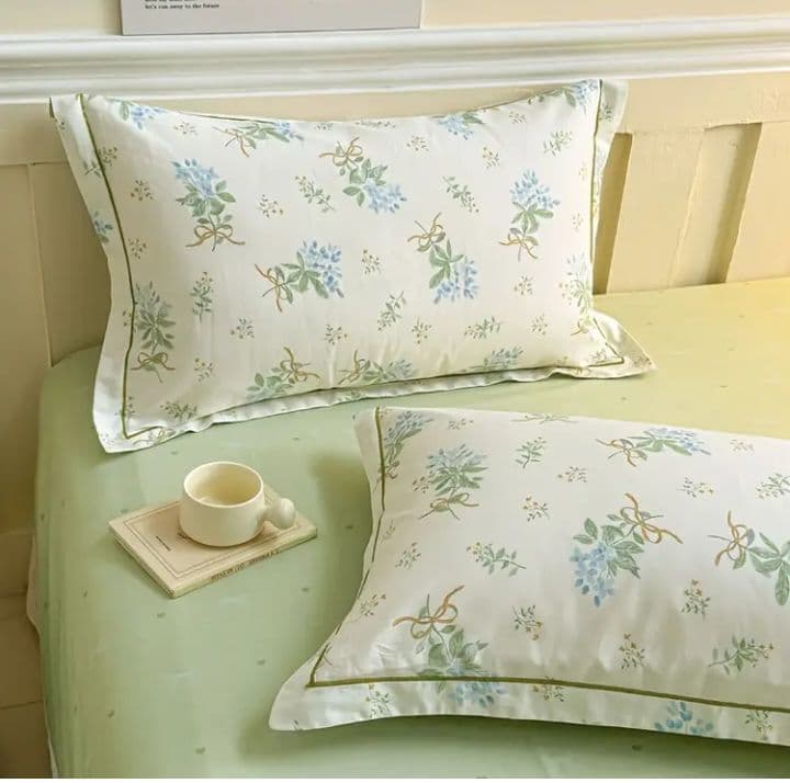 新品★綿100%ブルーすみれ花束とリボンのシングル布団カバーと枕カバー３点セット