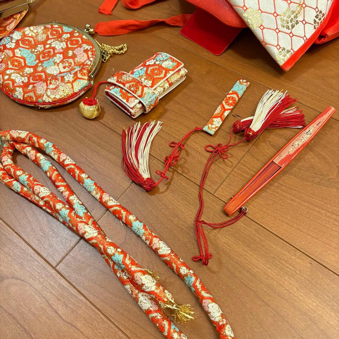 七五三　7歳　着物セット　女の子　オレンジ　グリーン