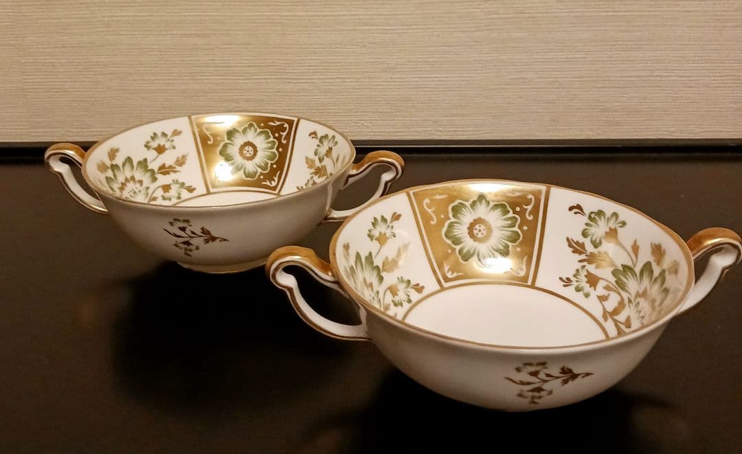 ロイヤルクラウンダービー パネル グリーン スープカップ＆ソーサー①②