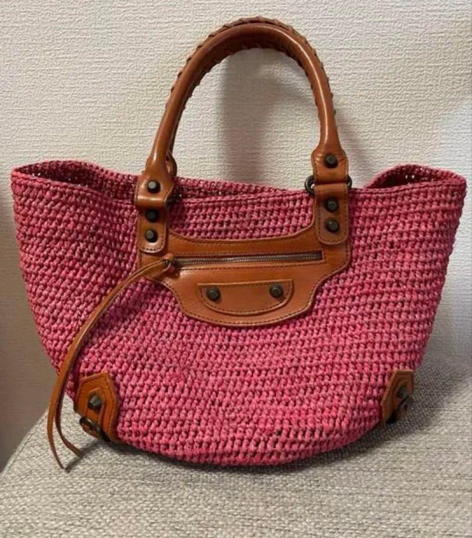 赤かごバッグ レザー ハンドル