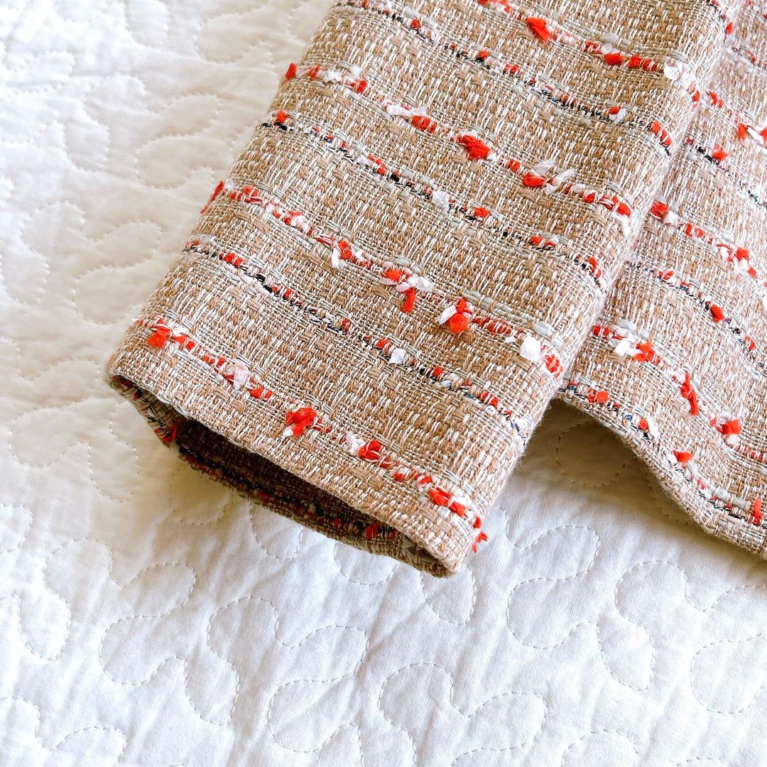 極美品 フォクシー 近年 定価13万 ツイードノーカラージャケット サンドマルチ