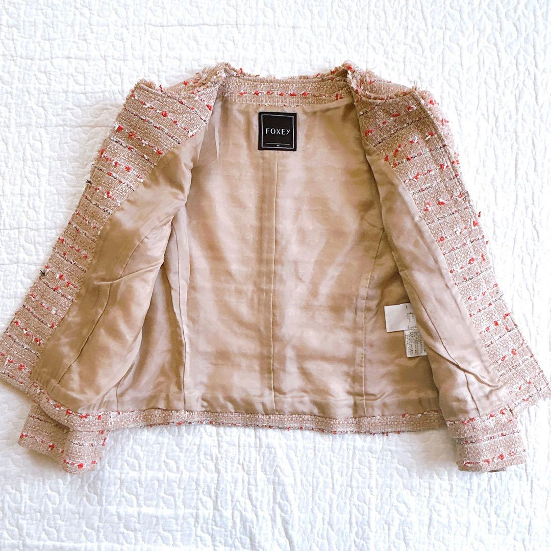 極美品 フォクシー 近年 定価13万 ツイードノーカラージャケット サンドマルチ