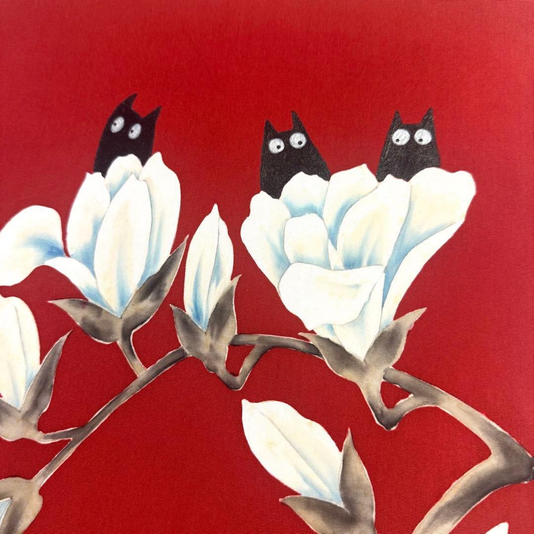 5k2293 名古屋帯　絹　塩瀬帯　猫　手書き　染め　赤　白　黒　花柄　和装