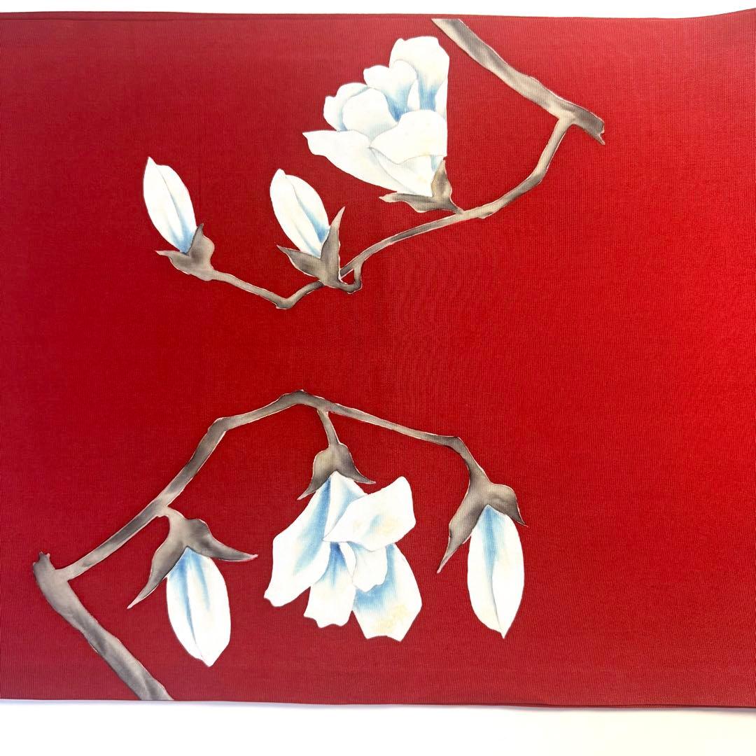 5k2293 名古屋帯　絹　塩瀬帯　猫　手書き　染め　赤　白　黒　花柄　和装