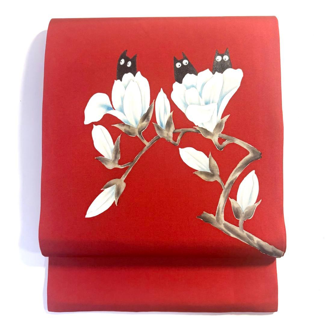 5k2293 名古屋帯　絹　塩瀬帯　猫　手書き　染め　赤　白　黒　花柄　和装