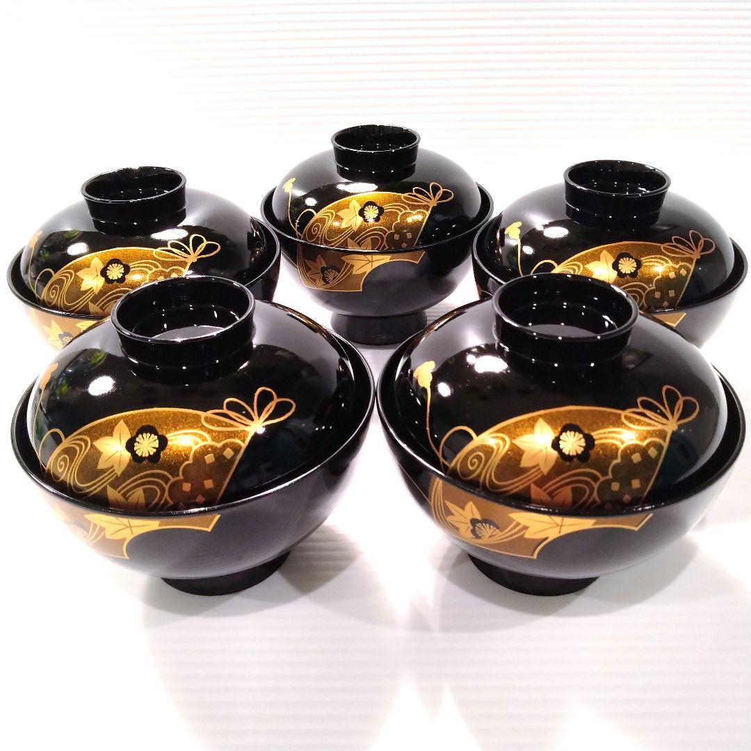会津塗 漆器 漆 黒塗 扇 蒔絵 吸物椀 汁椀 蓋付き 和食器 黒金 5客揃