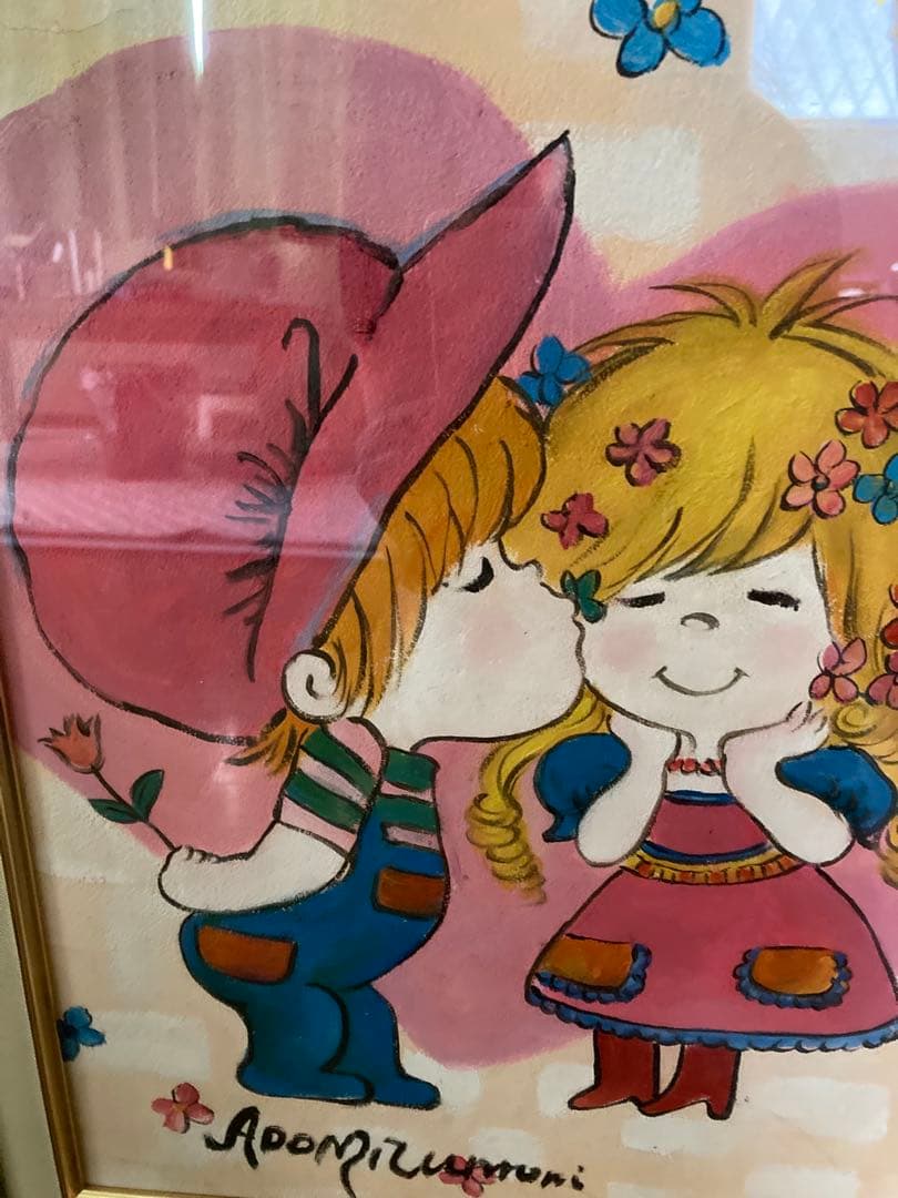 人物画　油絵　水森亜土　F額付き　手描き　肉筆