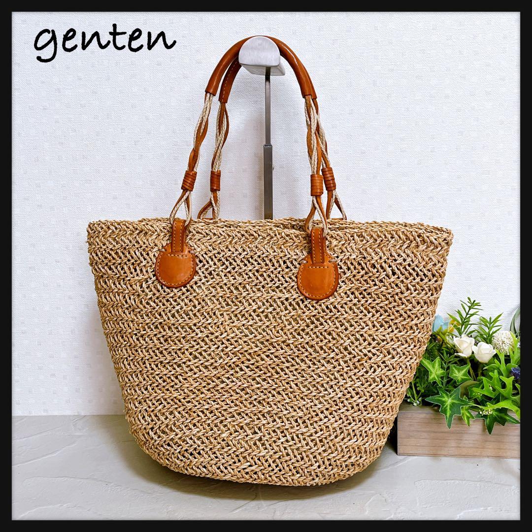 【genten ゲンテン】かごバッグ ラッコルタ　ラフィア編み レザー 極美品