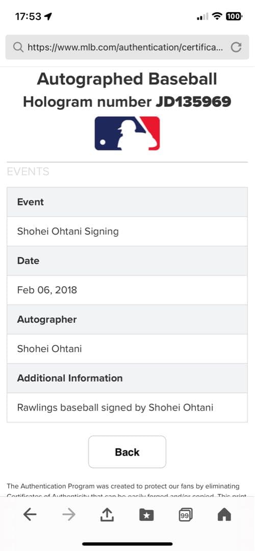 【S】大谷翔平 直筆サインボール 2018年 MLBホログラム