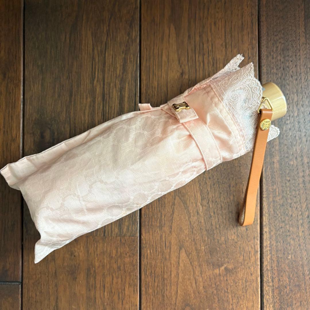 セリーヌ　ピンク レース模様 折りたたみ日傘