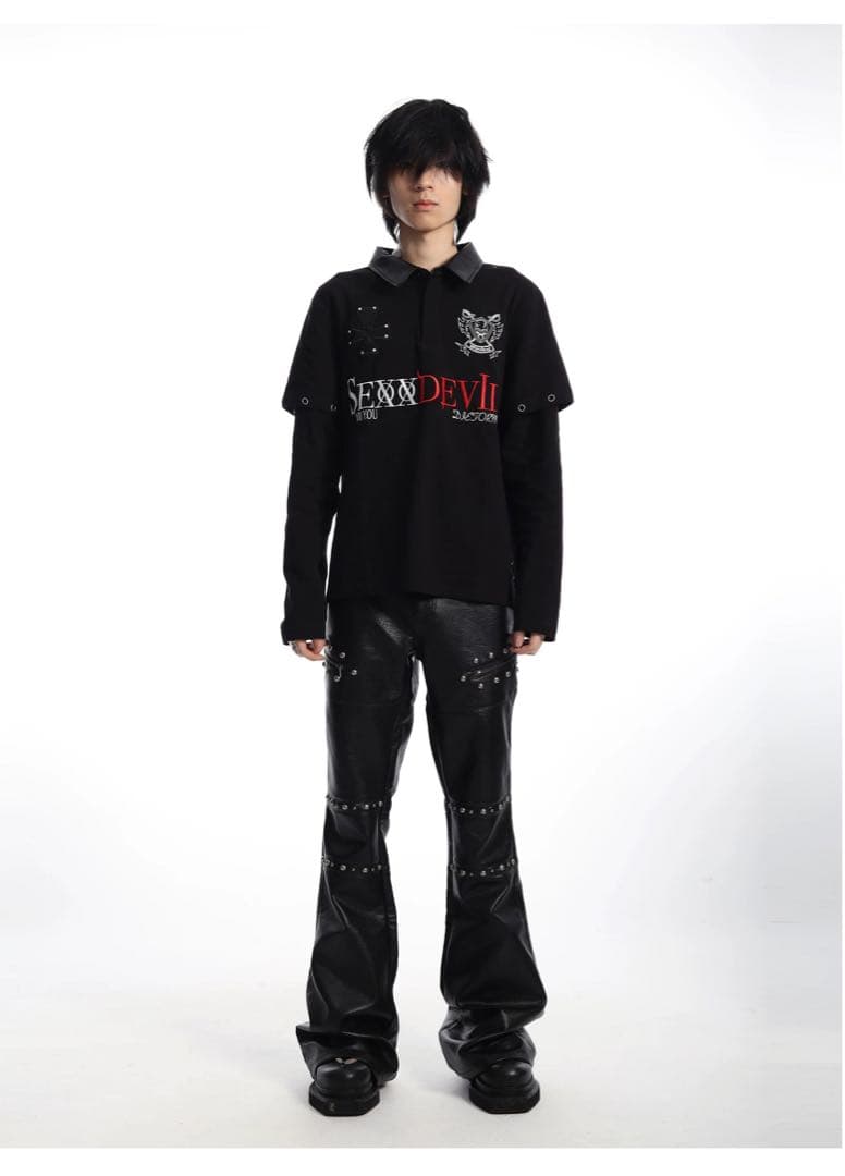 SEXXDEVIL フェイクレザーパンツ ブラック スタッズデザイン opium