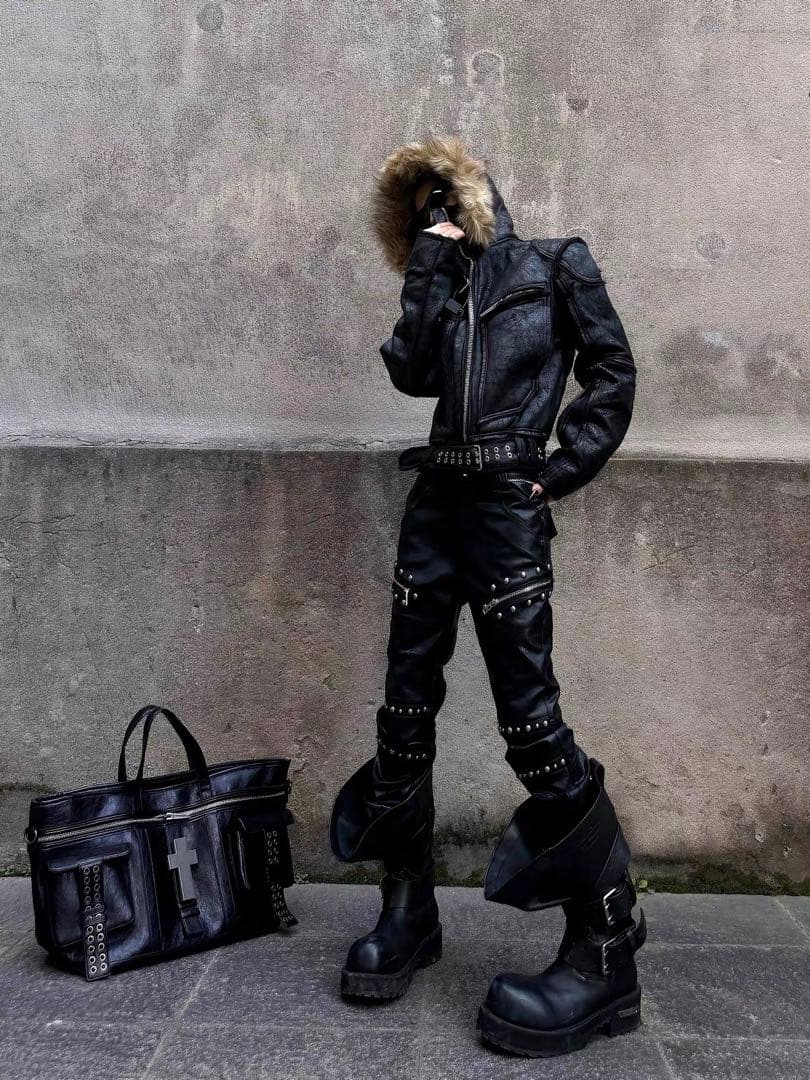 SEXXDEVIL フェイクレザーパンツ ブラック スタッズデザイン opium