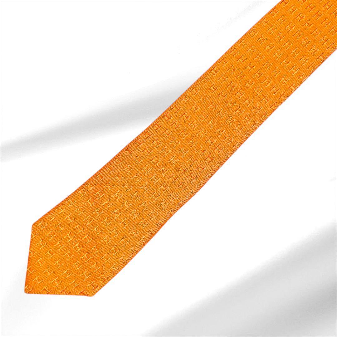 【美品】HERMES ネクタイ H柄 ファソネ ジャガード オレンジ フランス製