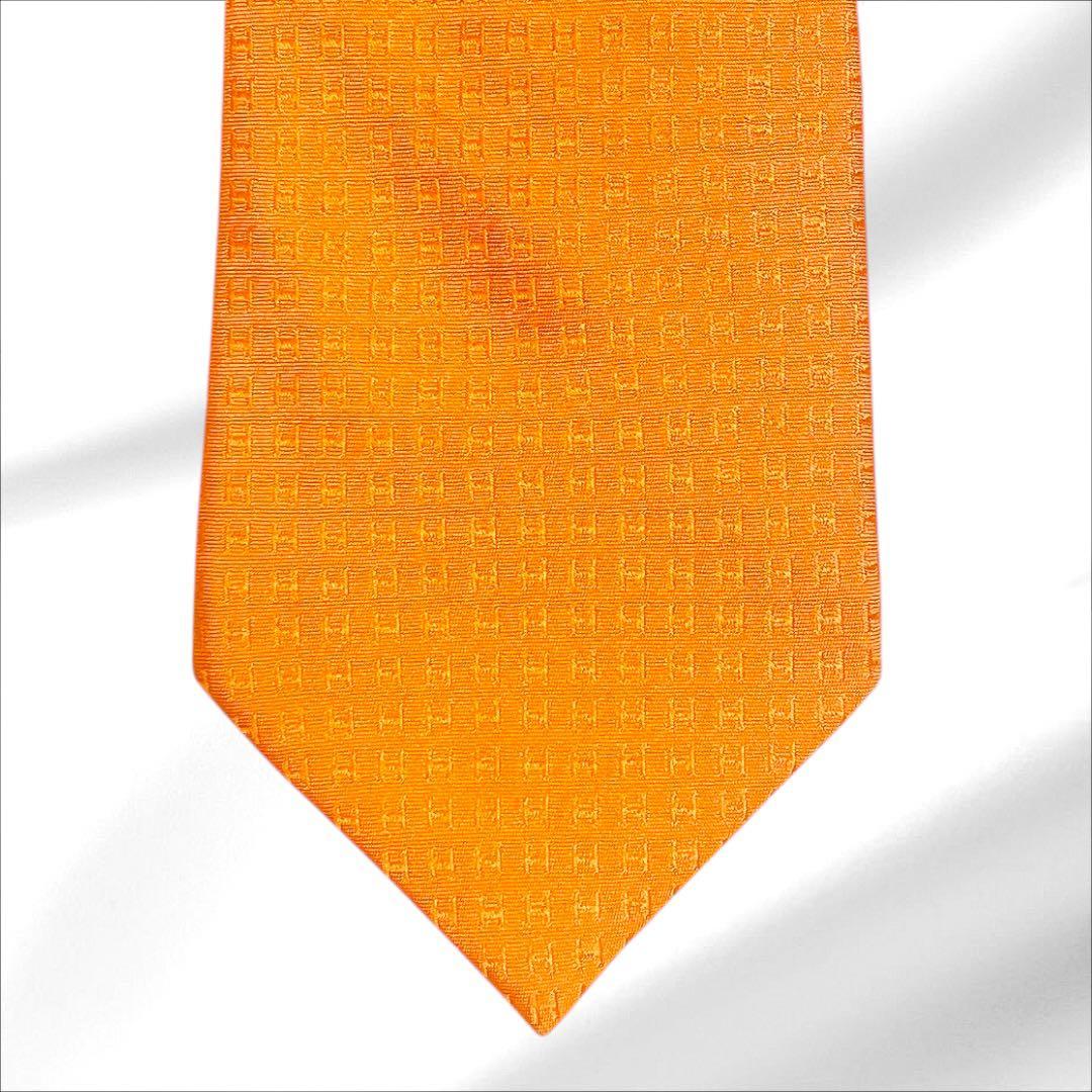 【美品】HERMES ネクタイ H柄 ファソネ ジャガード オレンジ フランス製