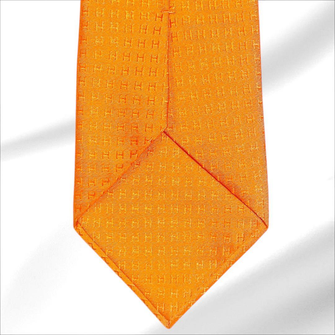 【美品】HERMES ネクタイ H柄 ファソネ ジャガード オレンジ フランス製