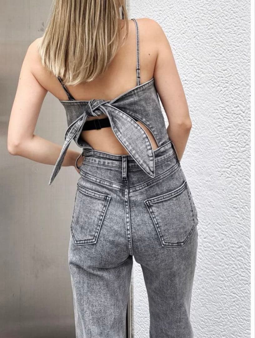 【GYDA】ジェイダ　新作　ブラックケミカルBACKリボンデニムロンパース　XS