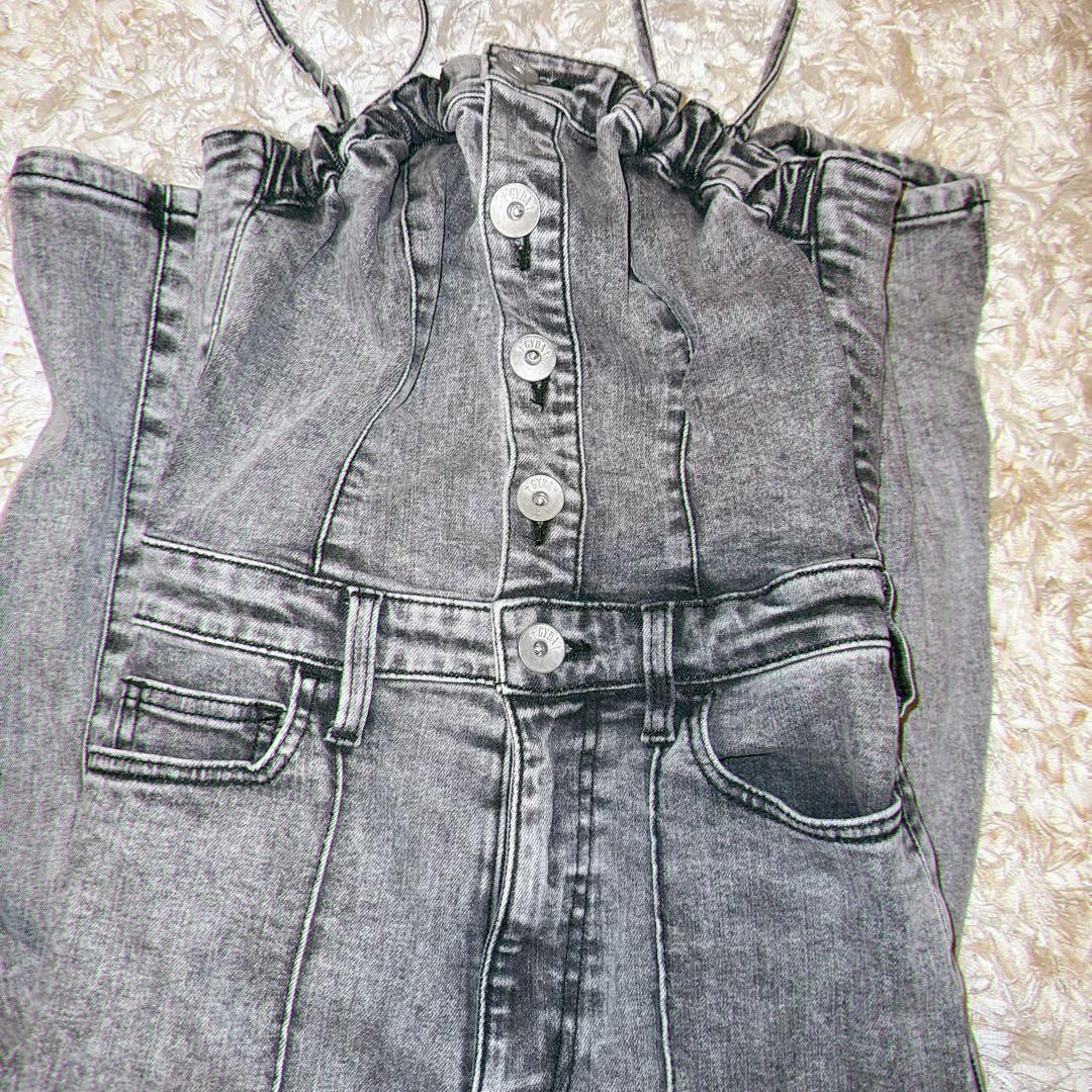 【GYDA】ジェイダ　新作　ブラックケミカルBACKリボンデニムロンパース　XS