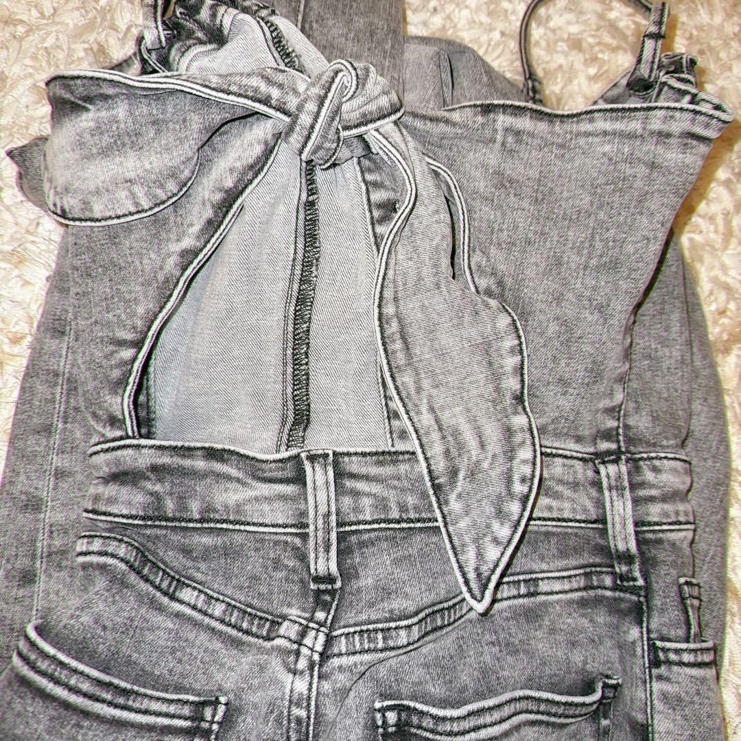 【GYDA】ジェイダ　新作　ブラックケミカルBACKリボンデニムロンパース　XS