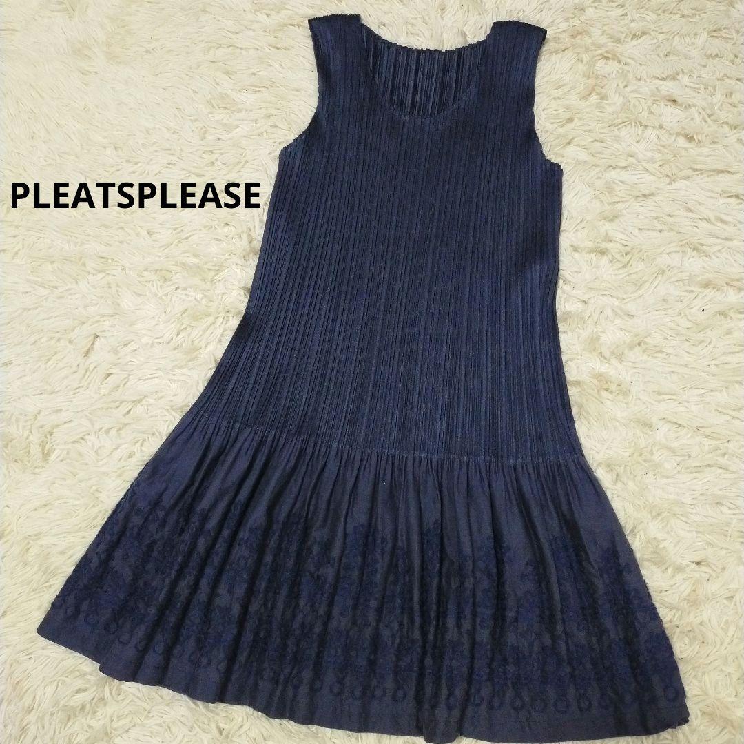 PLEATSPLEASE ドッキング 刺繍 チュニック ワンピース ノースリ