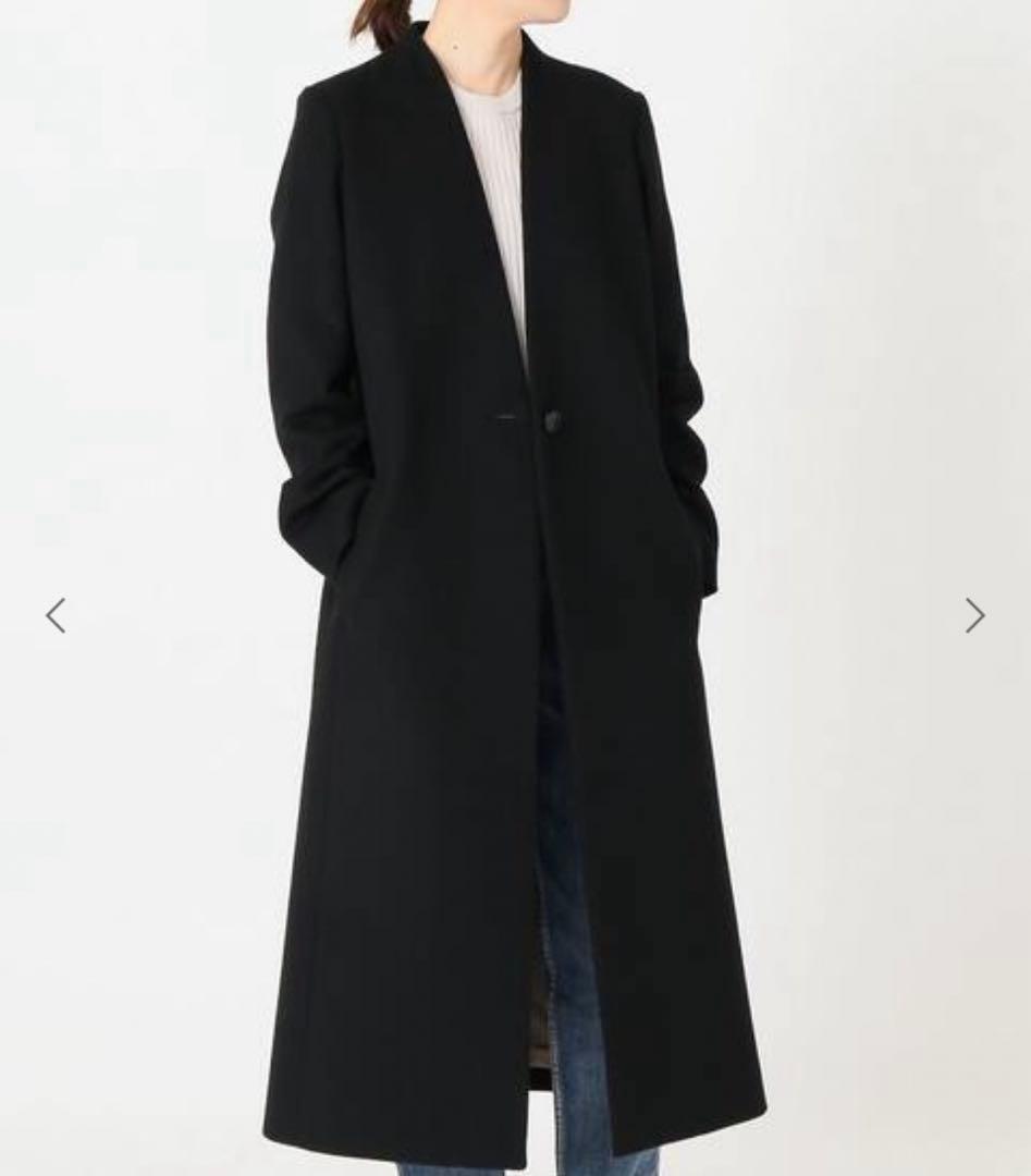 IENAイエナ／軽暖Vネックデザインロングノーカラーコート ブラック黒