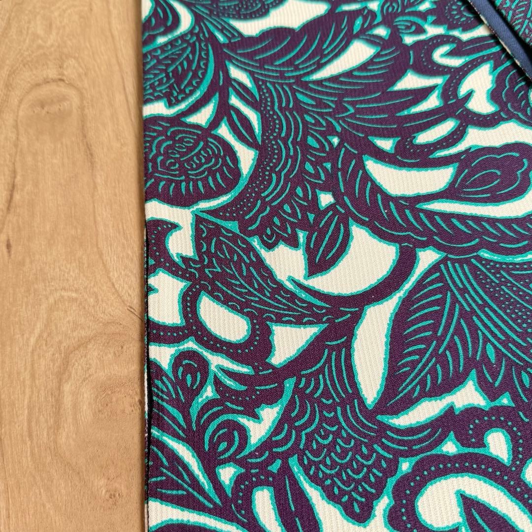 未使用　正絹　現代　全通 袋帯　着物　450しゃれ袋　青　唐草　ボタニカル　緑